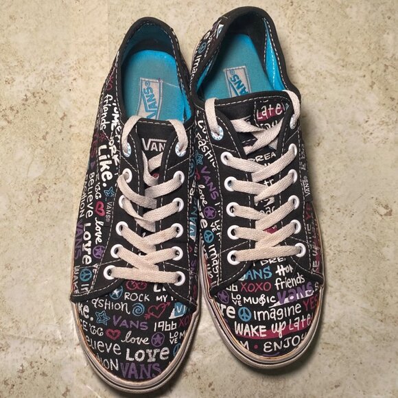 Vans Womens Black Canvas Sneakers Multicolor Graffiti Pattern Design - Picture 2 of 8